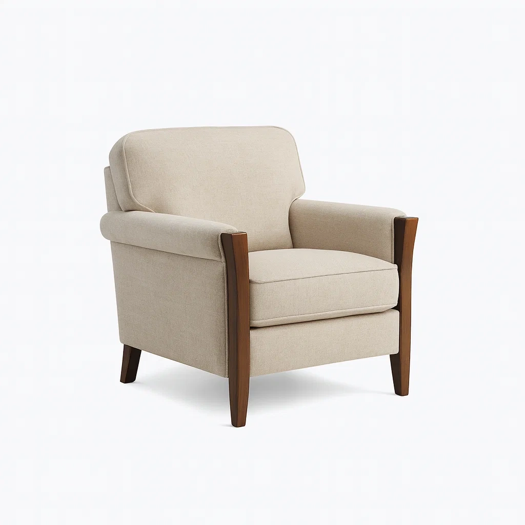 Poltrona in Tessuto Beige con Struttura in Legno-MOBIDONA