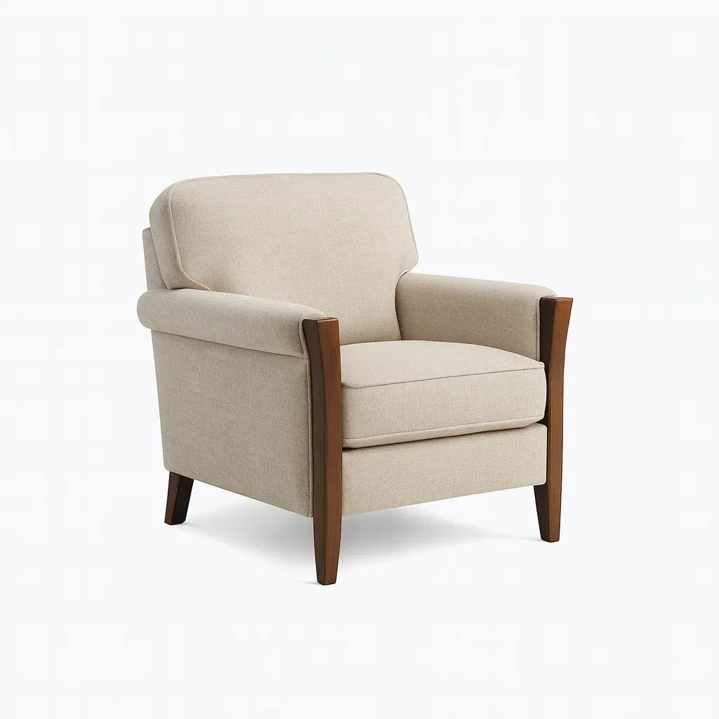 Poltrona in Tessuto Beige con Struttura in Legno-MOBIDONA