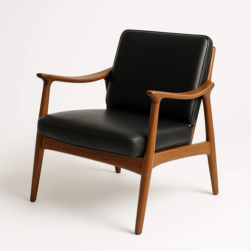 Poltrona in Legno di Noce con Seduta in Pelle Sintetica Nera-MOBIDONA