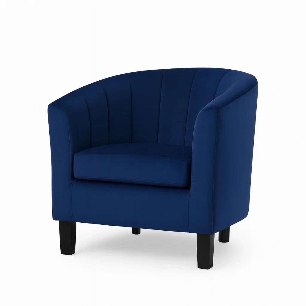 Poltrona in Velluto Blu con Gambe in Legno-MOBIDONA