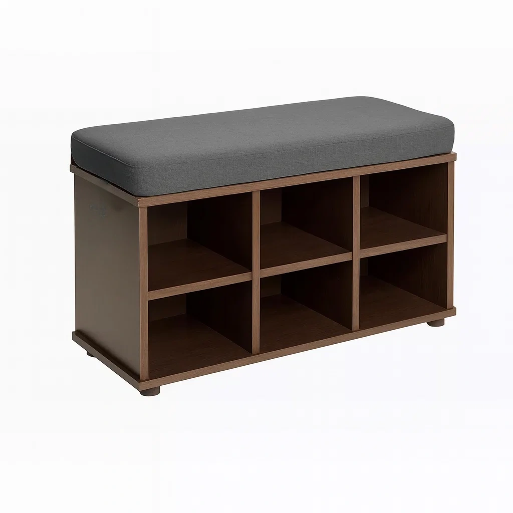 Panchina contenitore in Legno con Cuscino Imbottito Grigio e 6 Scomparti-MOBIDONA