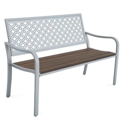 Panchina da giardino in Metallo Grigio e Legno Composito-MOBIDONA