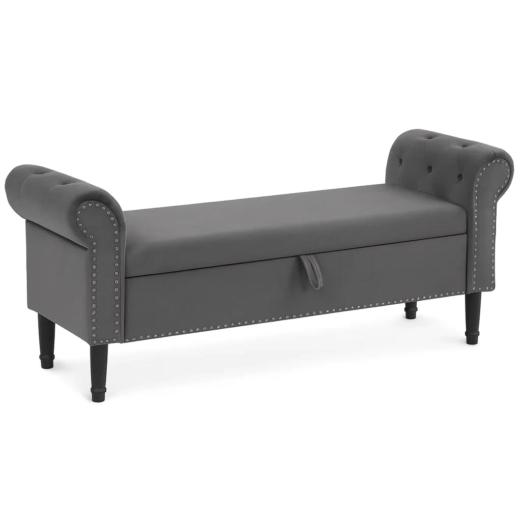 Panchina contenitore in Tessuto Poliestere Grigio con Braccioli Capitonné-MOBIDONA