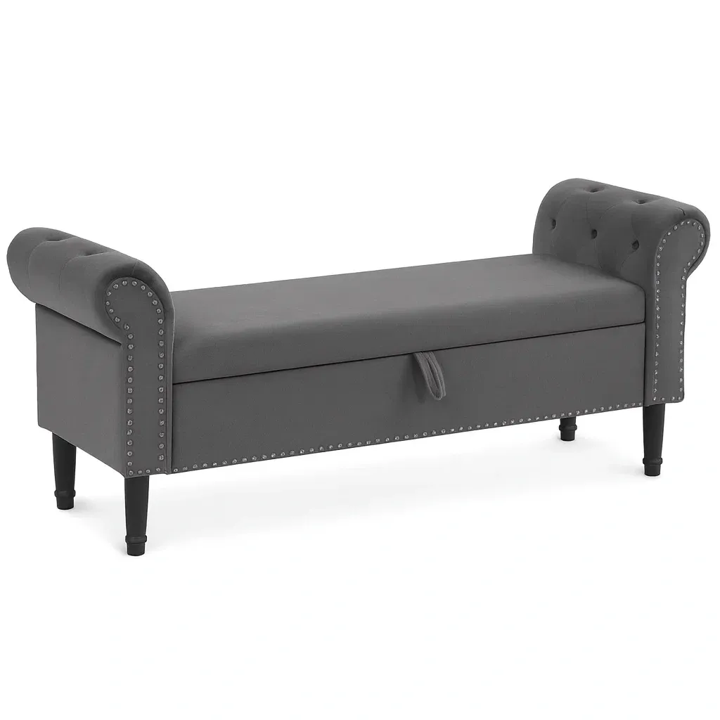 Panchina contenitore in Tessuto Poliestere Grigio con Braccioli Capitonné-MOBIDONA