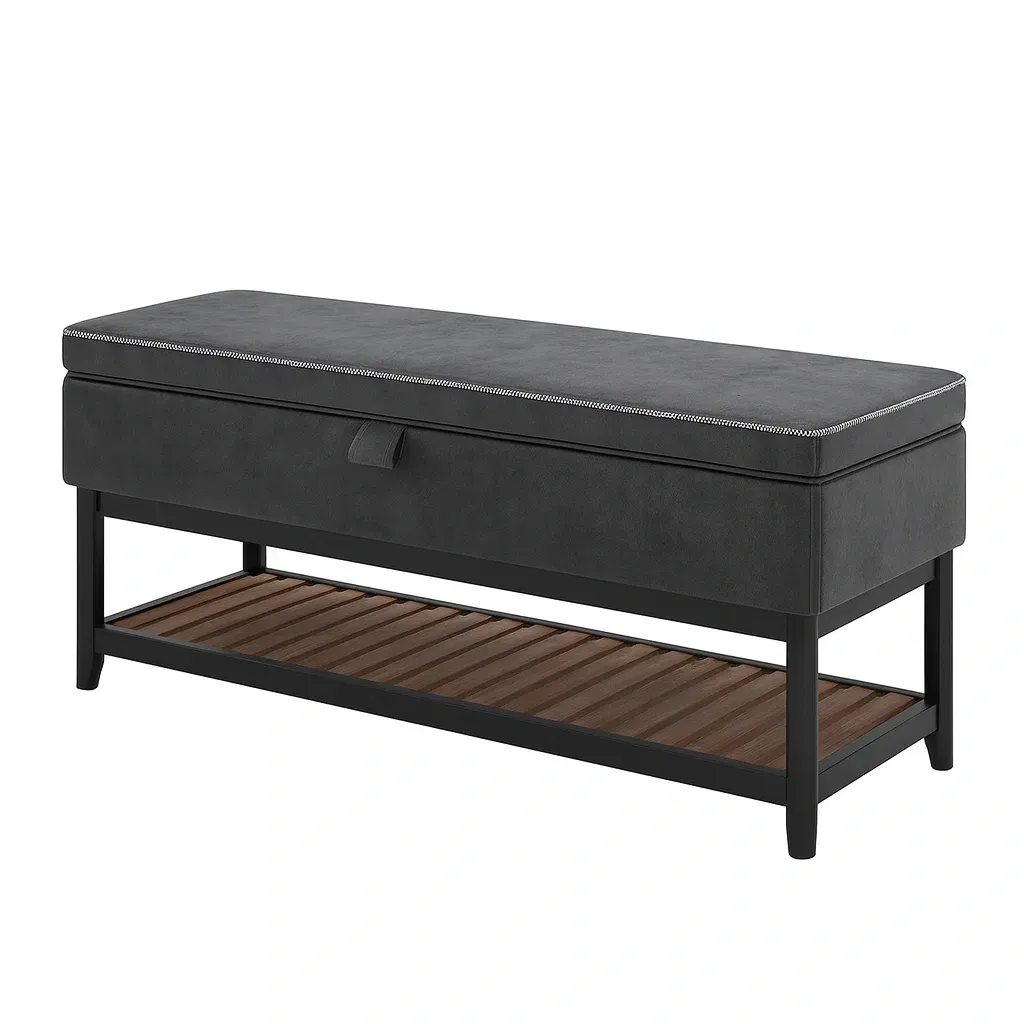 Panchina contenitore Rettangolare in Pelle Sintetica Nera con Mensola in Legno 100x40x45 cm-MOBIDONA