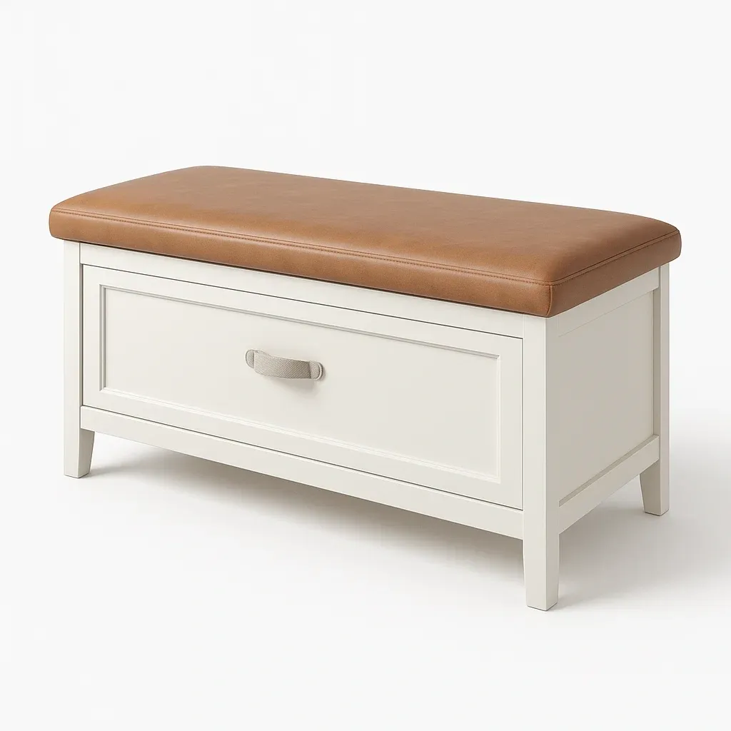 Panchina contenitore Rettangolare in Legno Bianco con Seduta in Similpelle Marrone-MOBIDONA