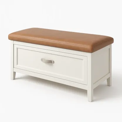 Panchina contenitore Rettangolare in Legno Bianco con Seduta in Similpelle Marrone-MOBIDONA