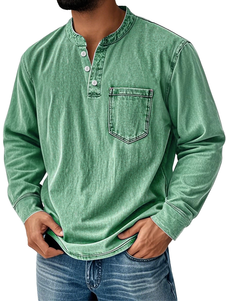 Men's Retro Stand Collar Pocket Casual Distressed Long Sleeve Henley Shirt