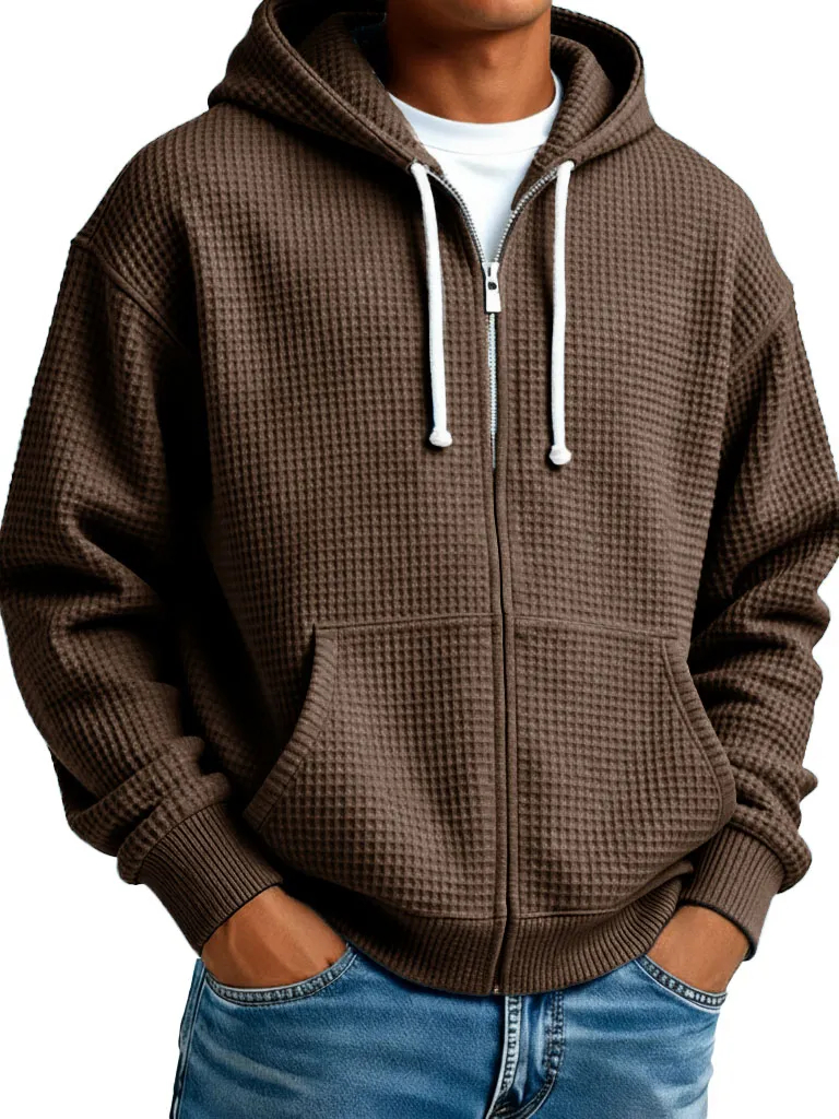  Men's Wear Fashionable Casual Waffle Fabric Zipper Hooded Pockets Loose Coat 