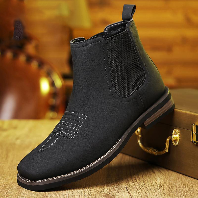 Botas vaqueras para hombre, estilo western, con punta cuadrada, botines Chelsea, botas de trabajo, informales, vintage, a la moda, clásicas, cómodas y versátiles. Disponibles en color caqui y negro. Estilo casual para exteriores, con puntera cerrada.