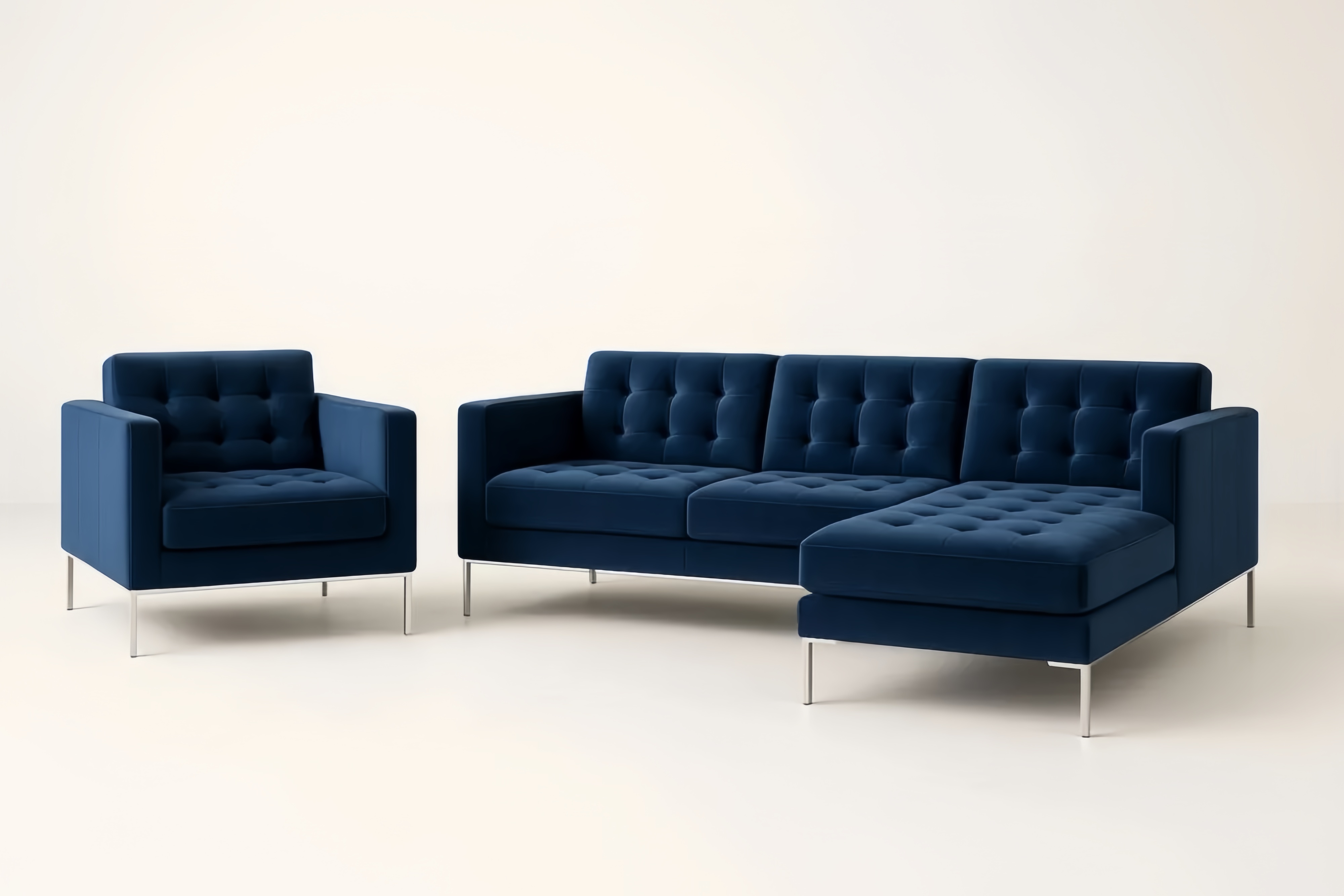 Set divano componibile 3 posti e poltrona in velluto blu con gambe in metallo