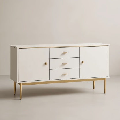 Credenza in Legno MDF Bianco con Piedini in Metallo Dorato