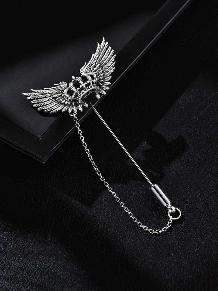 S925 Silver Crowned Winged Lapel Pin