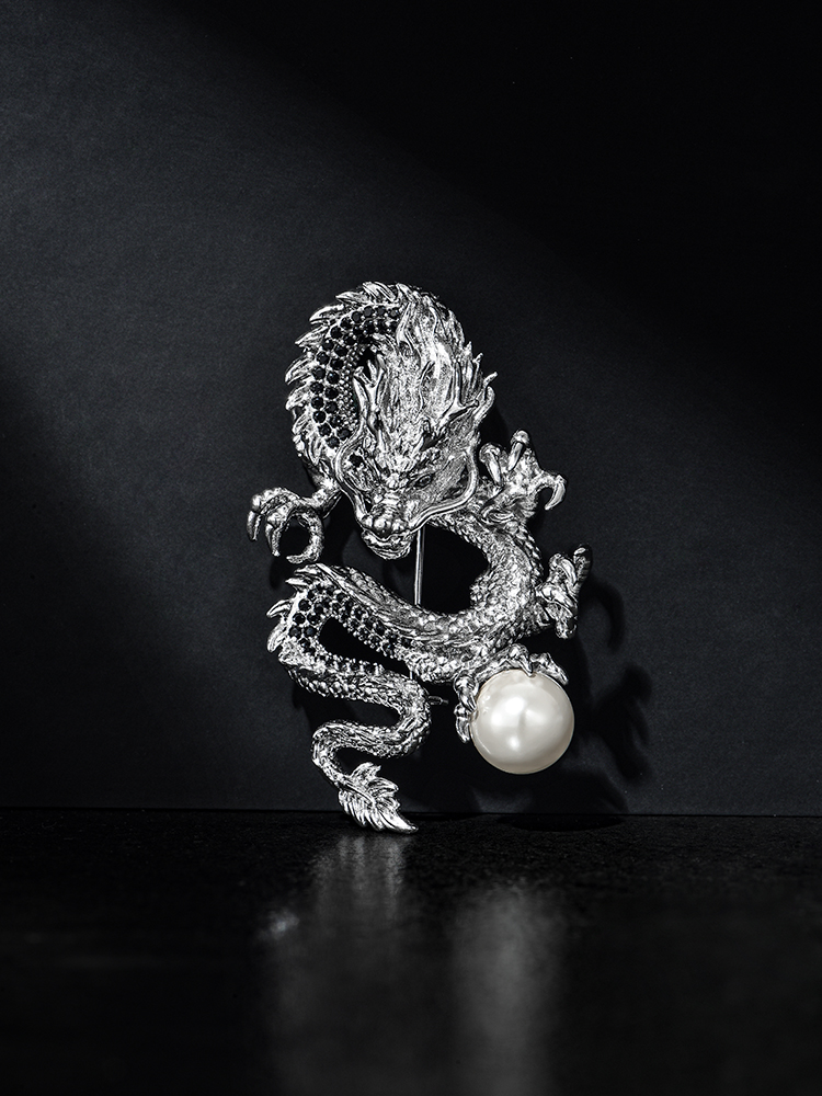 S925 Silver Auspicious Dragon with Pearl Brooch