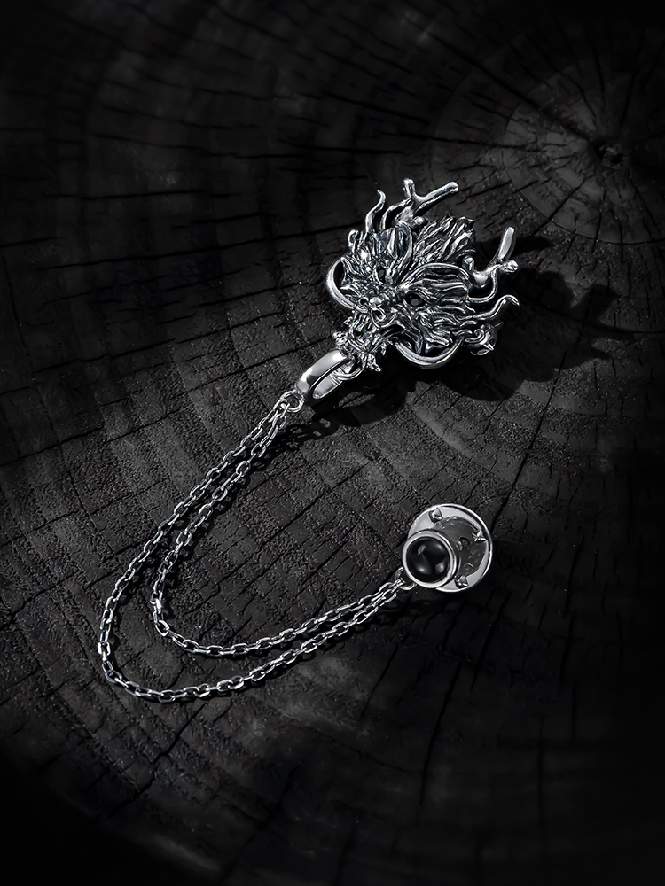 S925 Silver 3D Dragon Head Lapel Pin