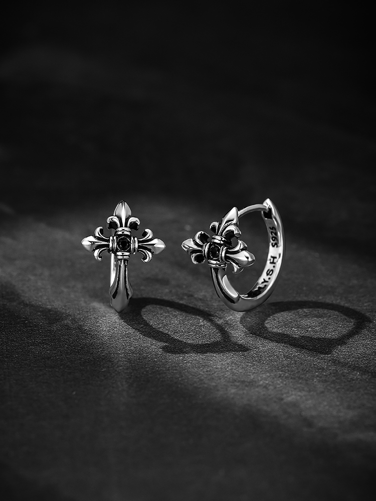 S925 Silver Fleur-de-Lis Cross Hoop Earrings
