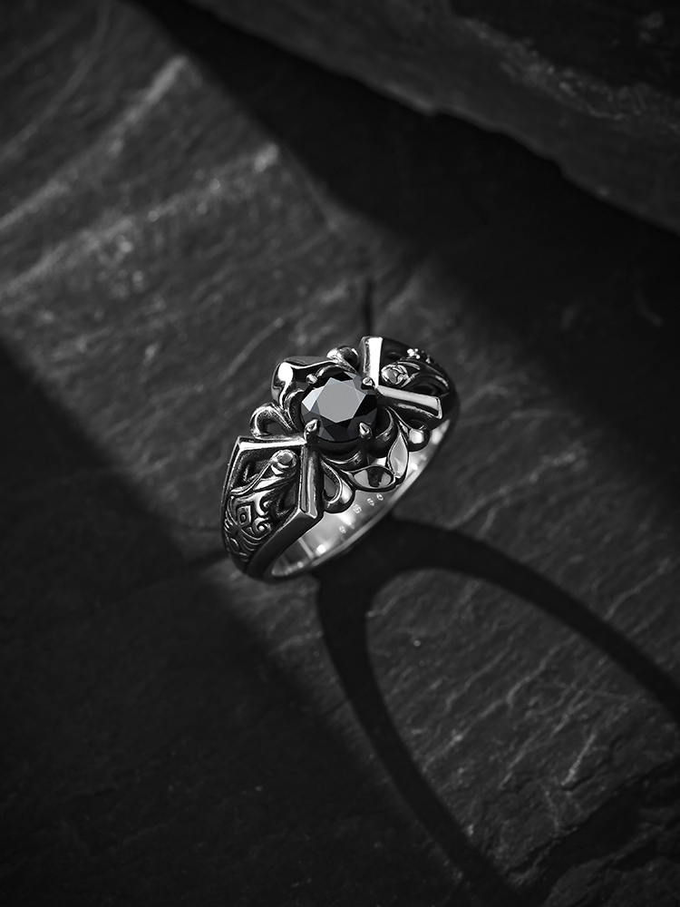 S925 Silver Vintage Black Onyx Wide Ring