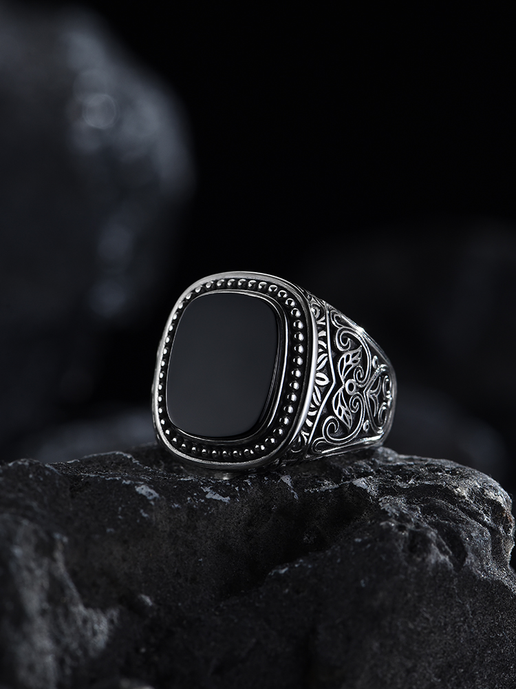 S925 Silver Black Onyx Vintage Square Ring