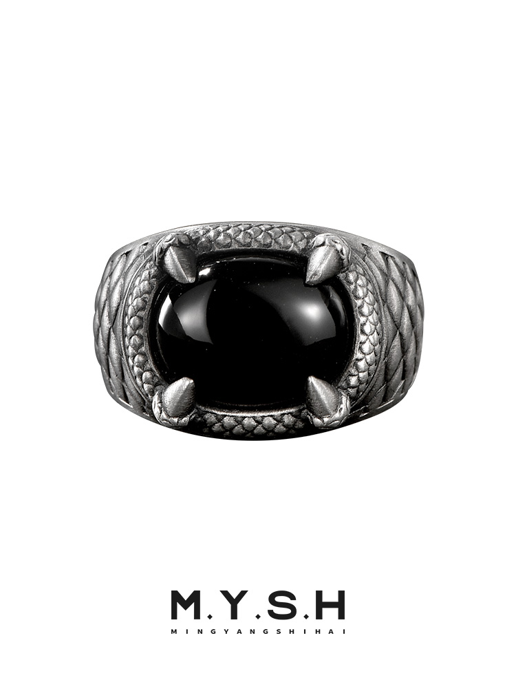 S925 Silver Black Onyx Snake Claw Ring