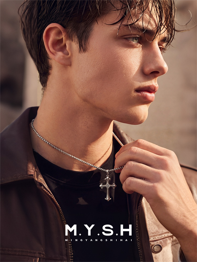 S925 Silver Oxidized Fleur-de-Lis Cross Pendant Necklace