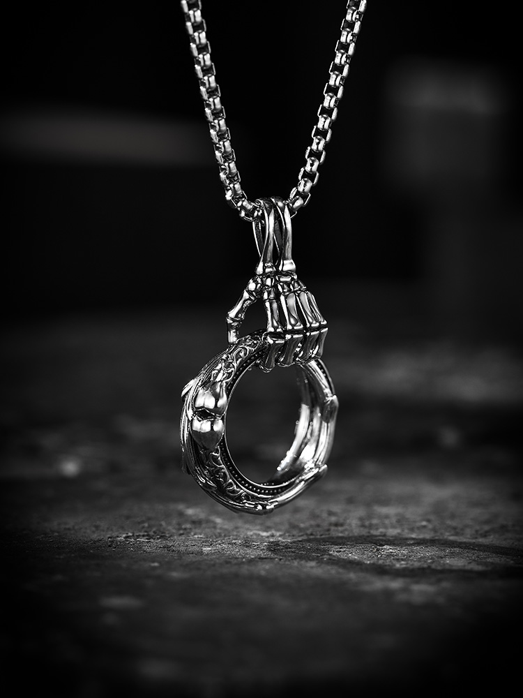 S925 Silver Skeleton Hand Ring of Hope Pendant Necklace