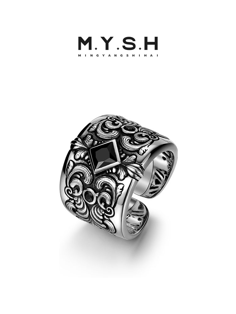 S925 Silver Black Zircon Vintage Wide Ring