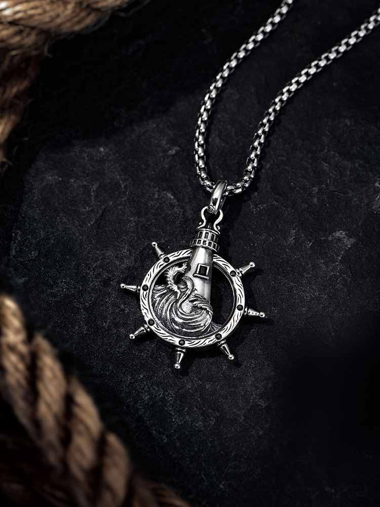 S925 Silver Lighthouse Ship Wheel Pendant Necklace