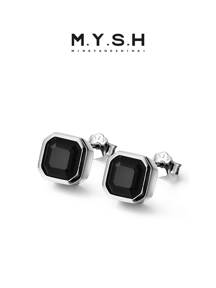 S925 Silver Black Onyx Stud Earrings for Men