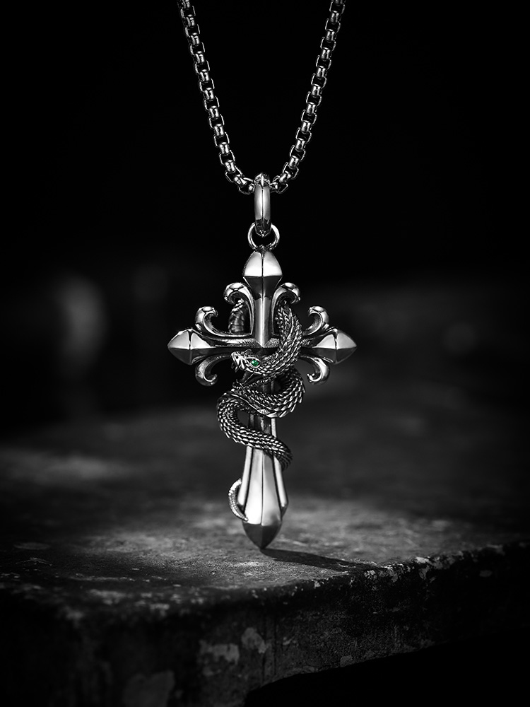 S925 Silver Serpent & Fleur-de-Lis Cross Pendant Necklace