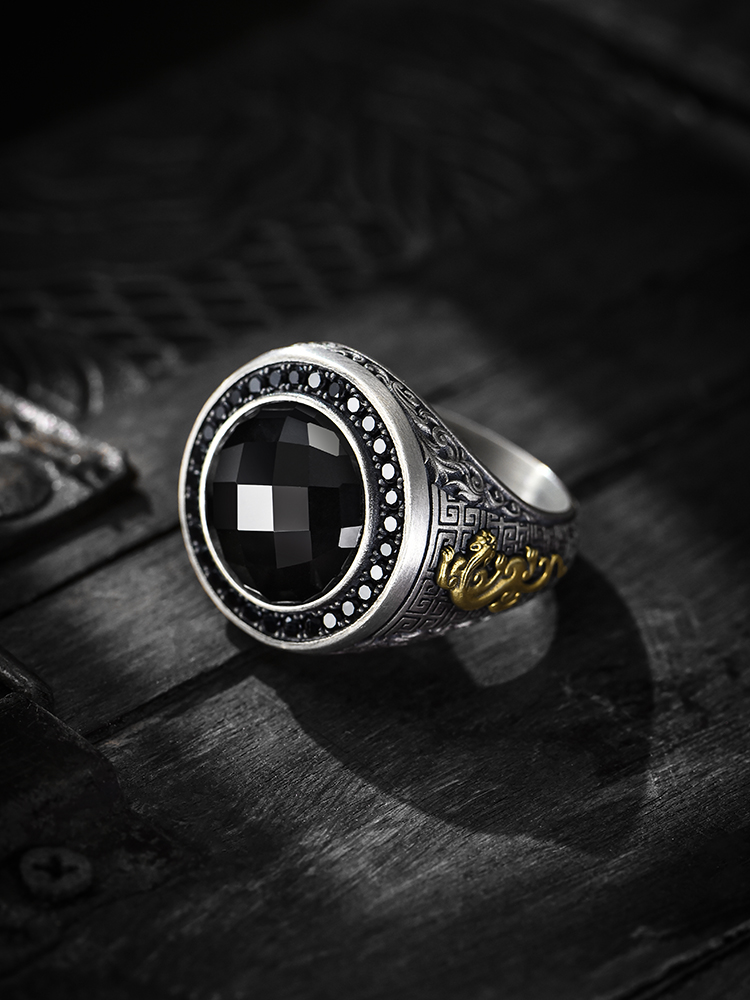 S925 Silver Black Onyx Pi Xiu Statement Ring