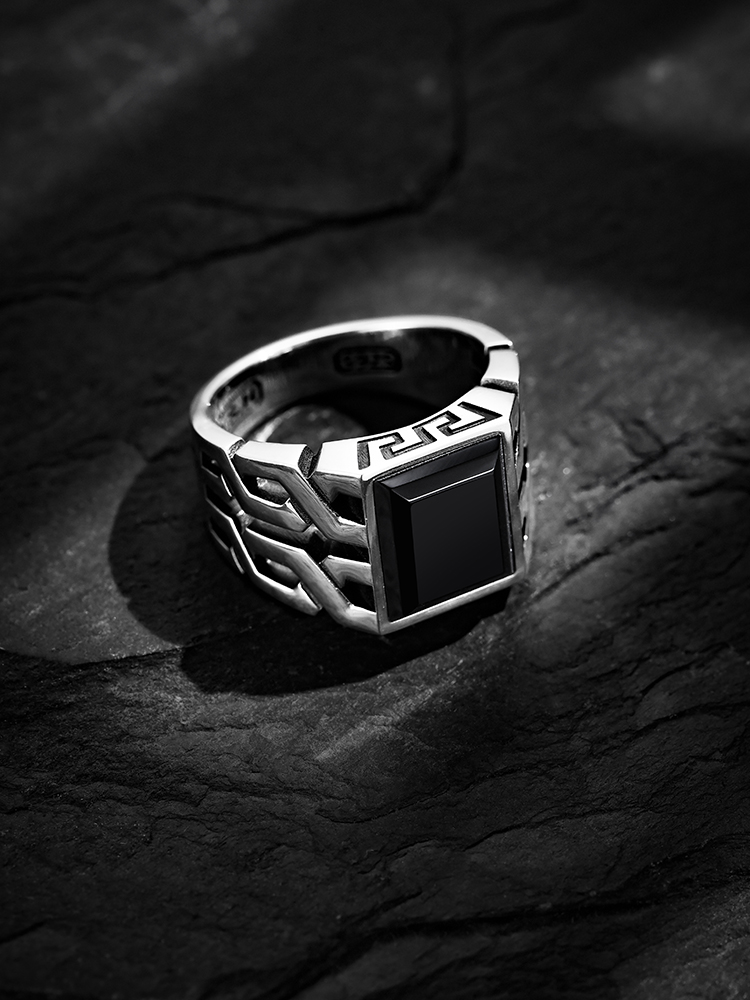 S925 Silver Black Onyx Geometric Chain Statement Ring