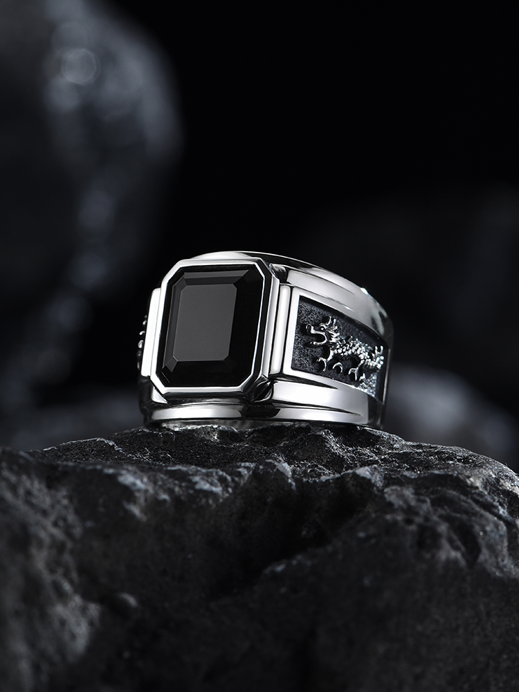 S925 Silver Black Onyx Dragon Head Rectangle Ring