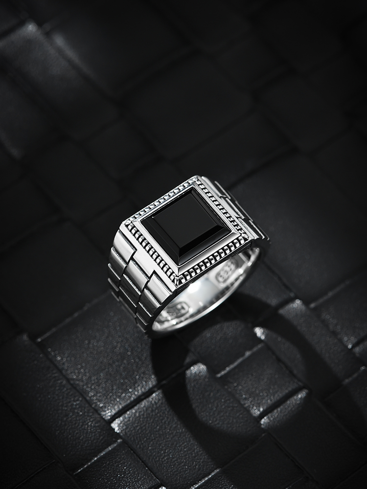 S925 Silver Black Onyx Square Signet Ring