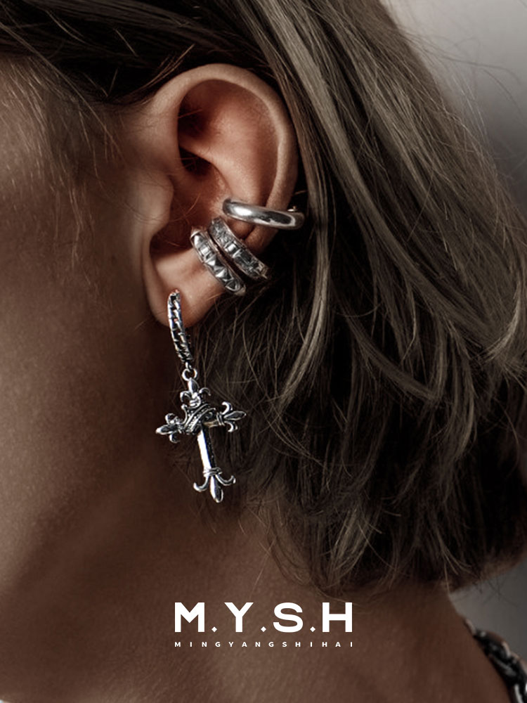 S925 Silver Fleur-de-Lis Crown Cross Drop Earrings