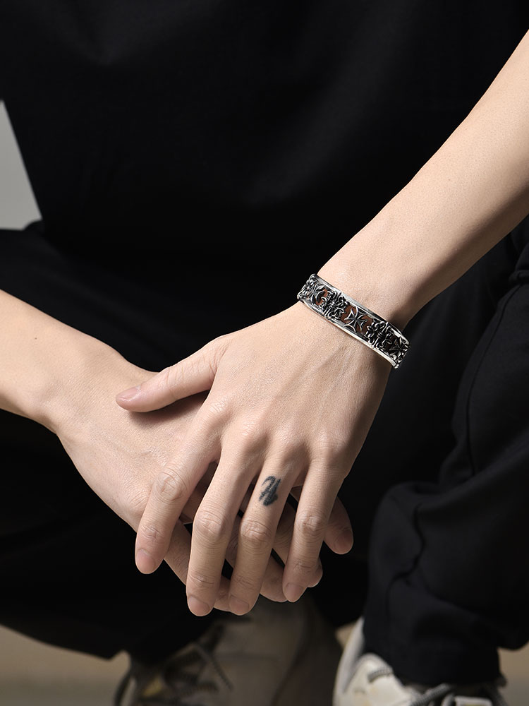 S925 Silver Gothic Cross Cuff Bracelet for Men