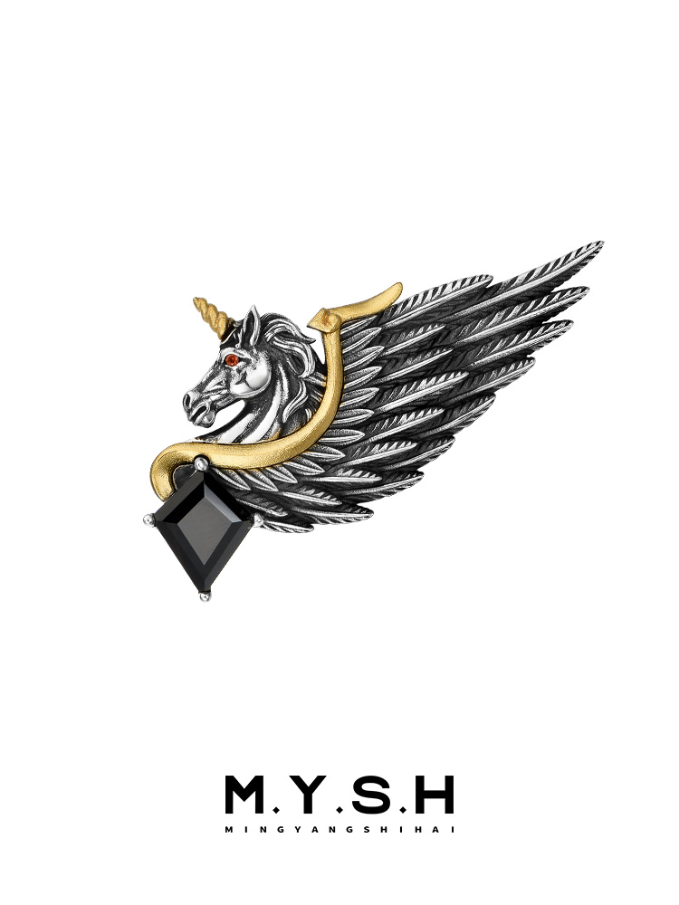 S925 Silver Vintage Unicorn Winged Brooch