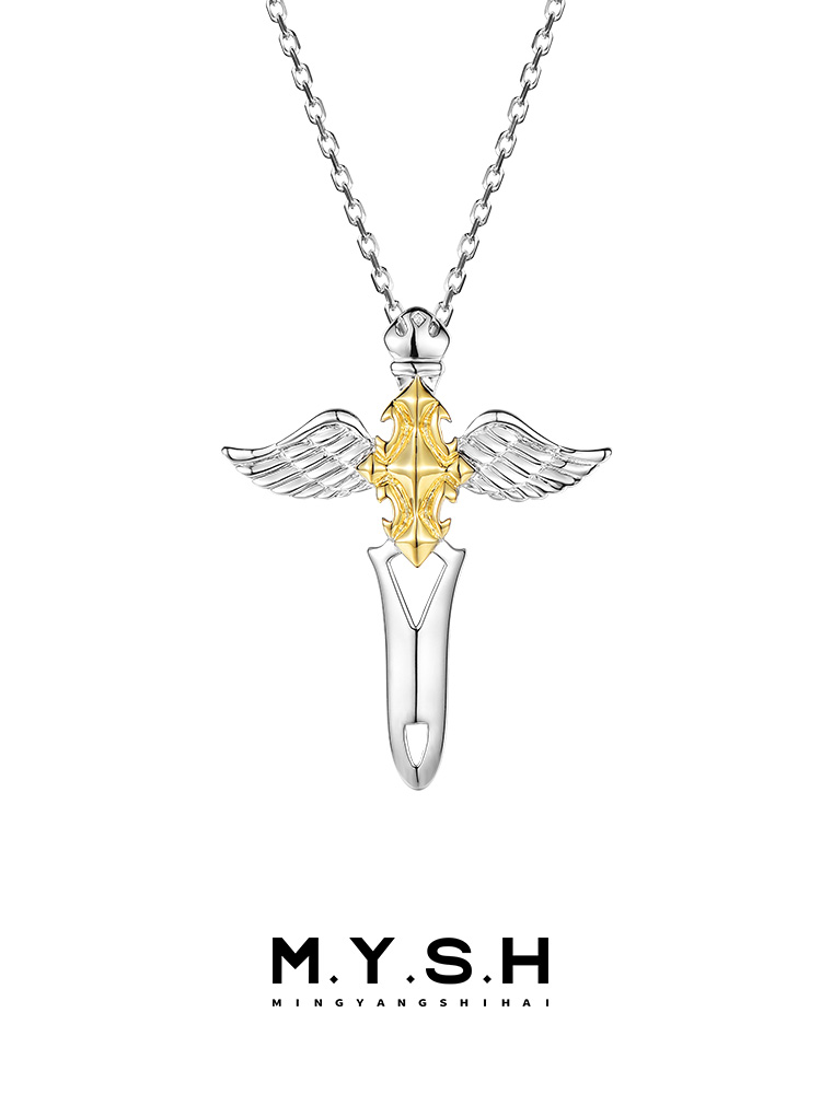 S925 Silver Gold-Plated Angel Sword Wing Cross Pendant Necklace