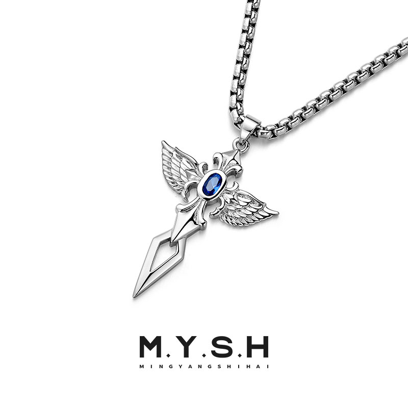 Angel Wing Sapphire Cross Necklace