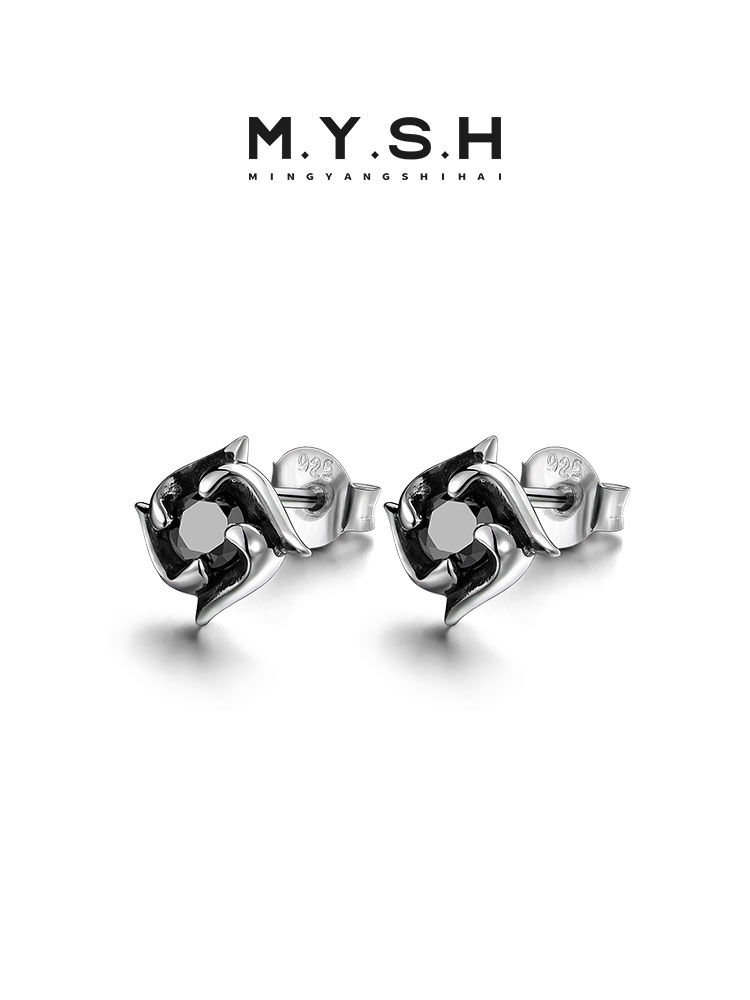 S925 Silver Black Gem Clover Stud Earrings