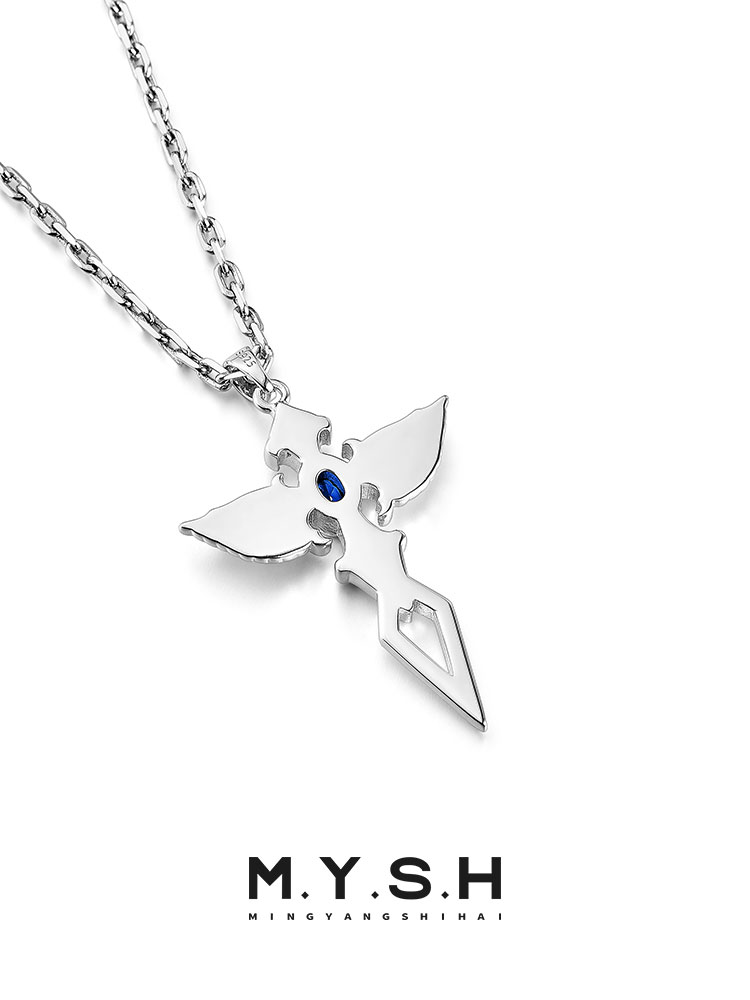 Angel Wing Sapphire Cross Necklace