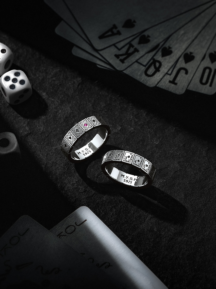 S925 Silver Vintage Black & Red Gem Wide Band Ring