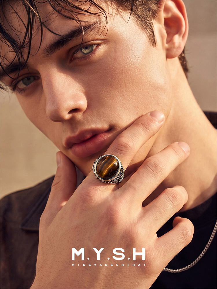 S925 Silver Natural Tiger’s Eye Statement Ring for Men