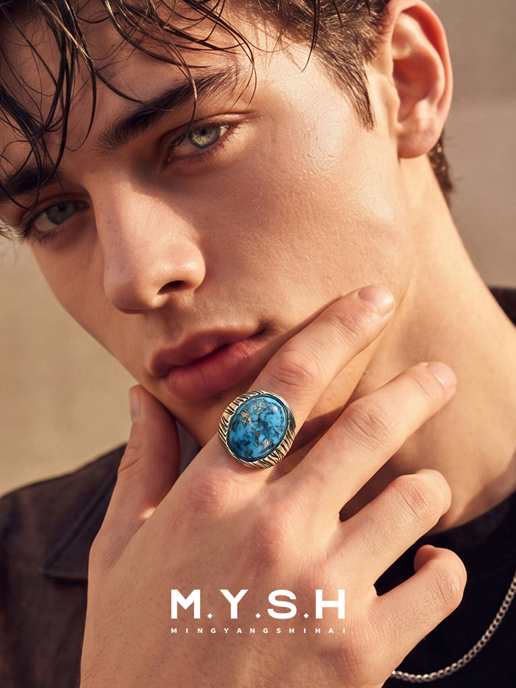 S925 Silver Natural Turquoise Statement Ring for Men