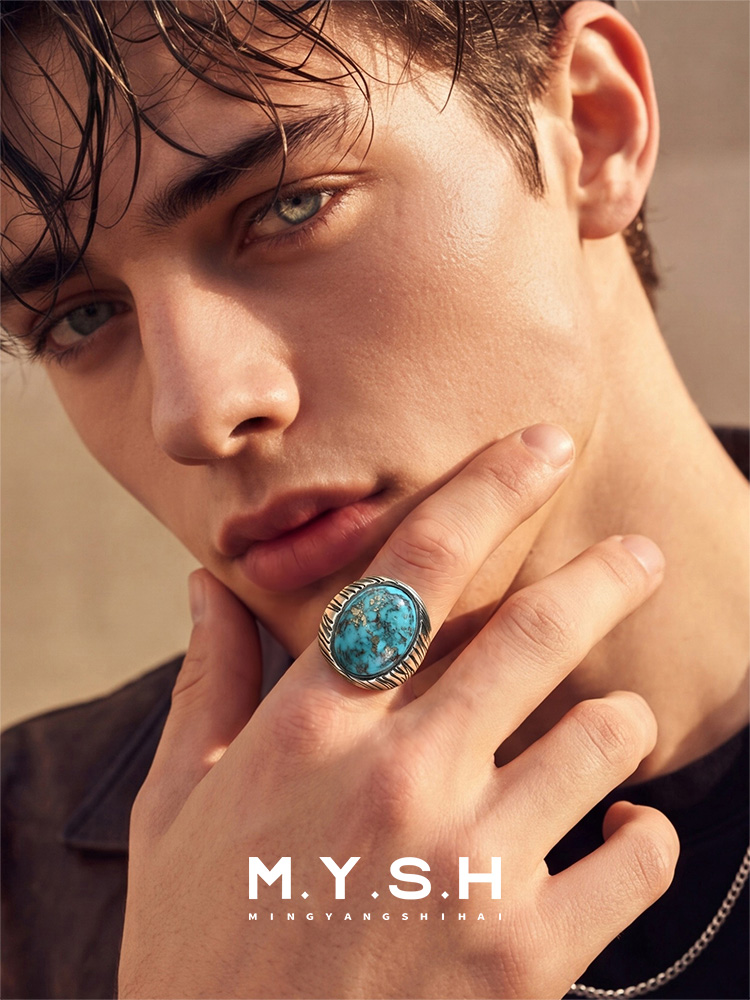 S925 Silver Natural Turquoise Statement Ring for Men