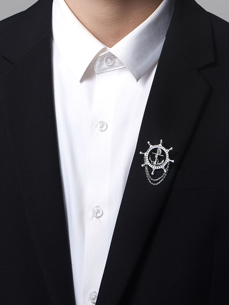 S925 Silver Ship Wheel & Anchor Chain Brooch
