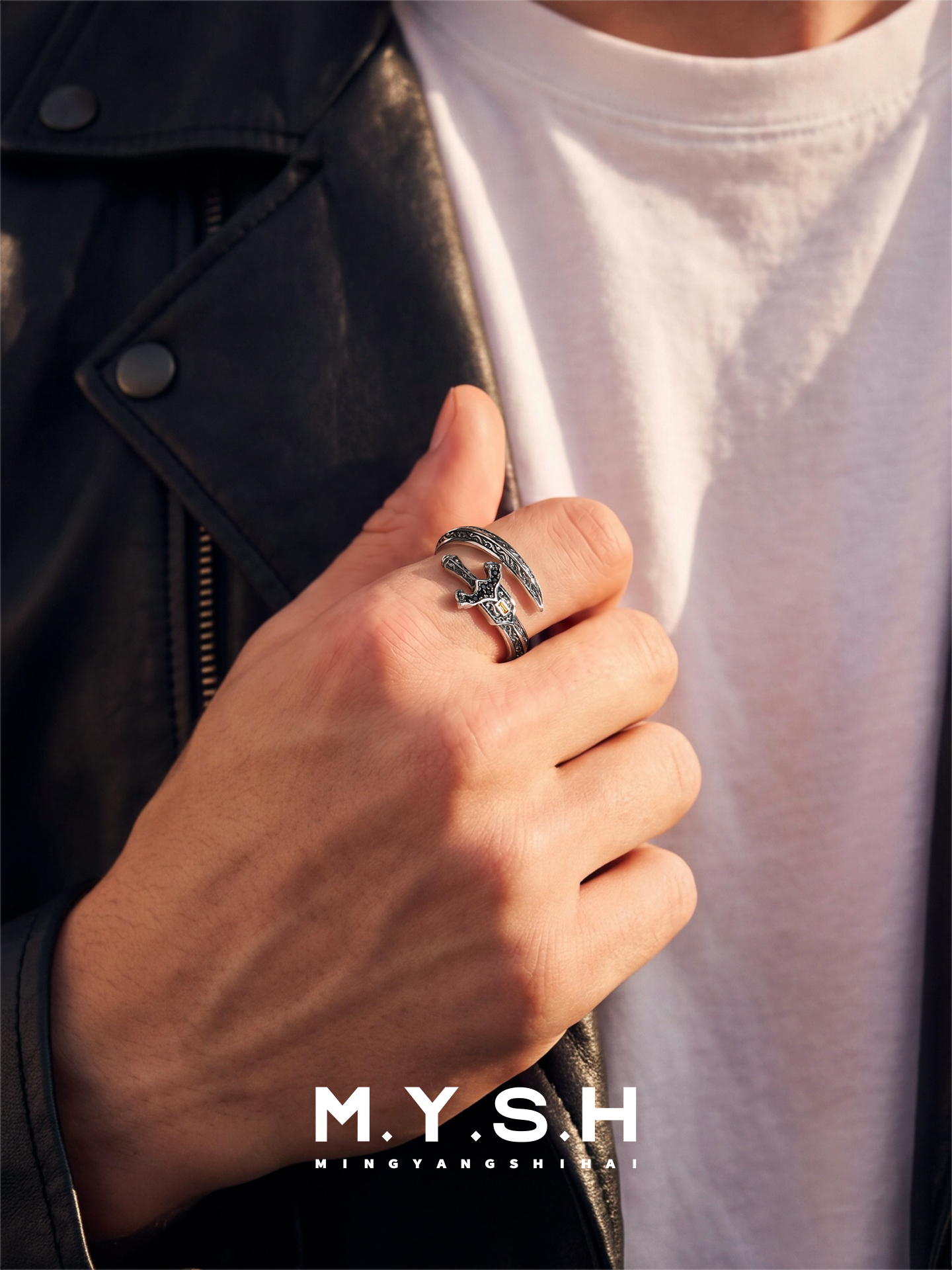 S925 Silver Knight Sword Open Ring for Men