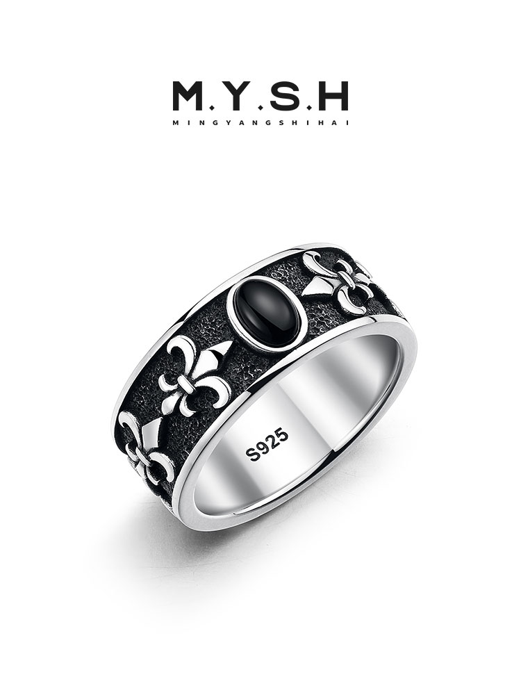 S925 Silver Black Onyx Fleur-de-Lis Wide Band Ring