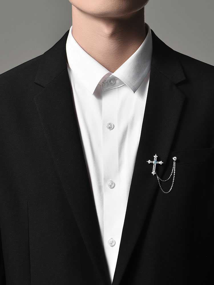 S925 Silver Blue Topaz Cross Chain Lapel Pin