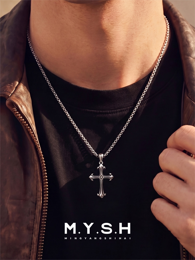 S925 Silver Oxidized Fleur-de-Lis Cross Pendant Necklace