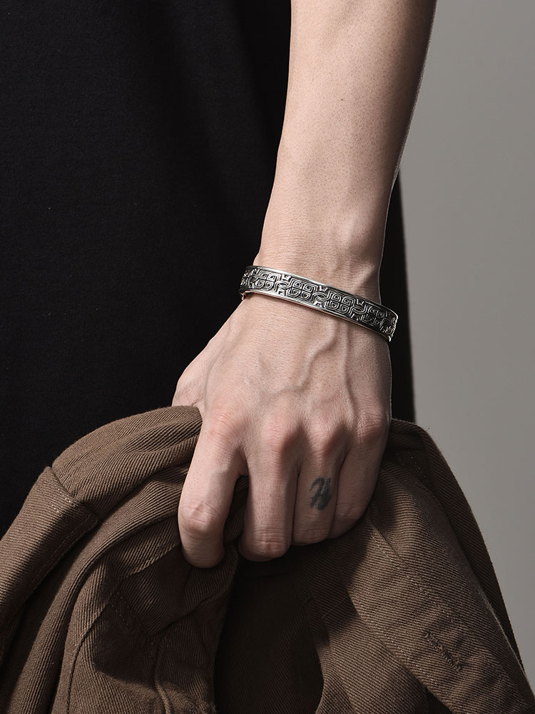 S925 Silver Vintage Greek Key Bangle Bracelet for Men